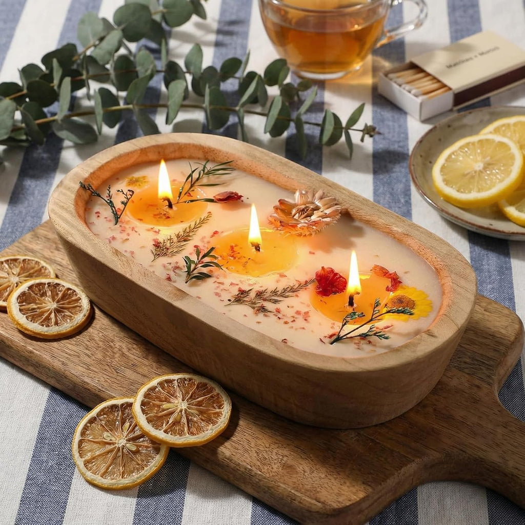 9.45'' Large Botanical Scented Bowl Candle Gift for Women Dried Flowers Wooden Dough Bowl Soybean Wax Candles
