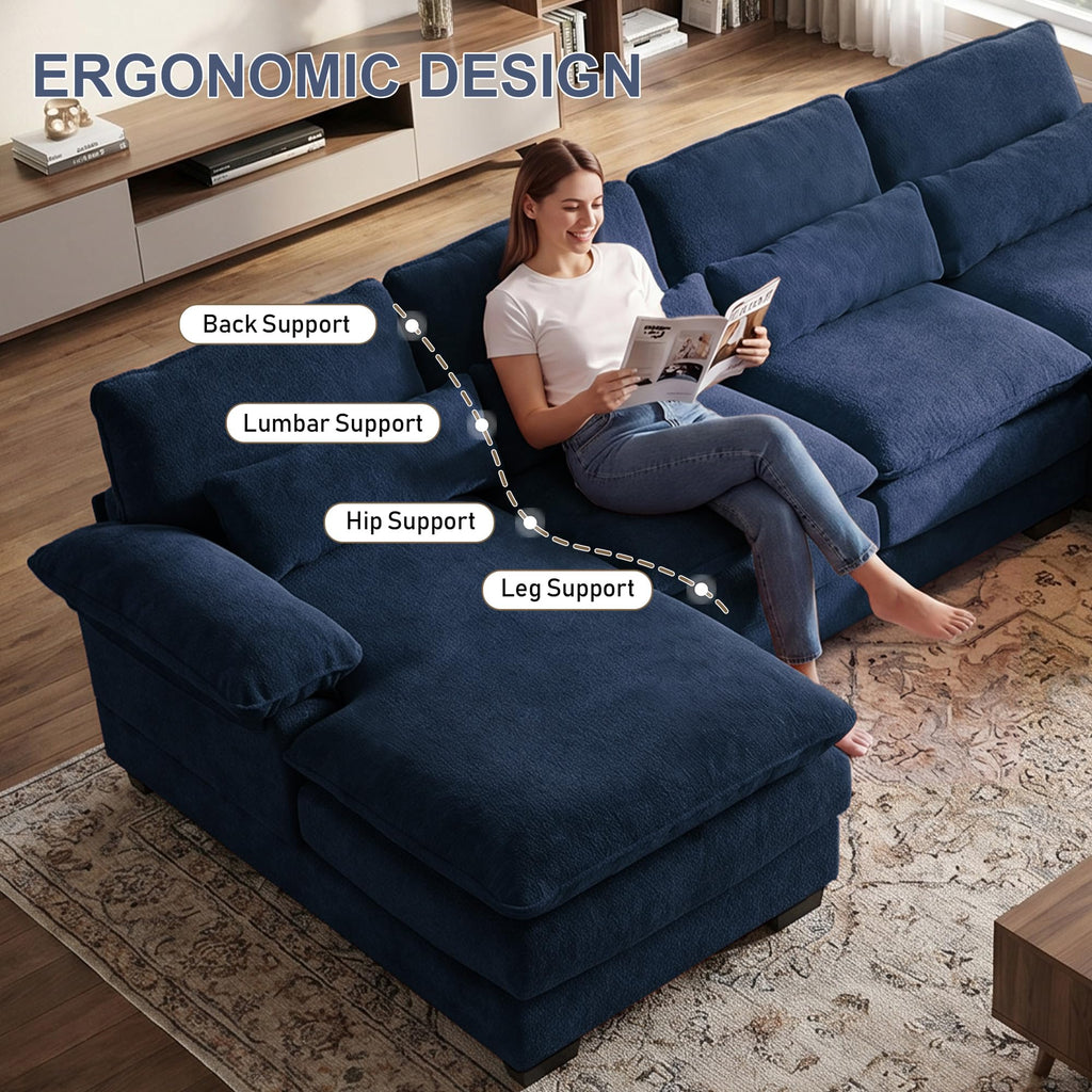 113" U Shaped Cloud Sectional Couch with Ottoman, Chenille Sofa, Dark Blue