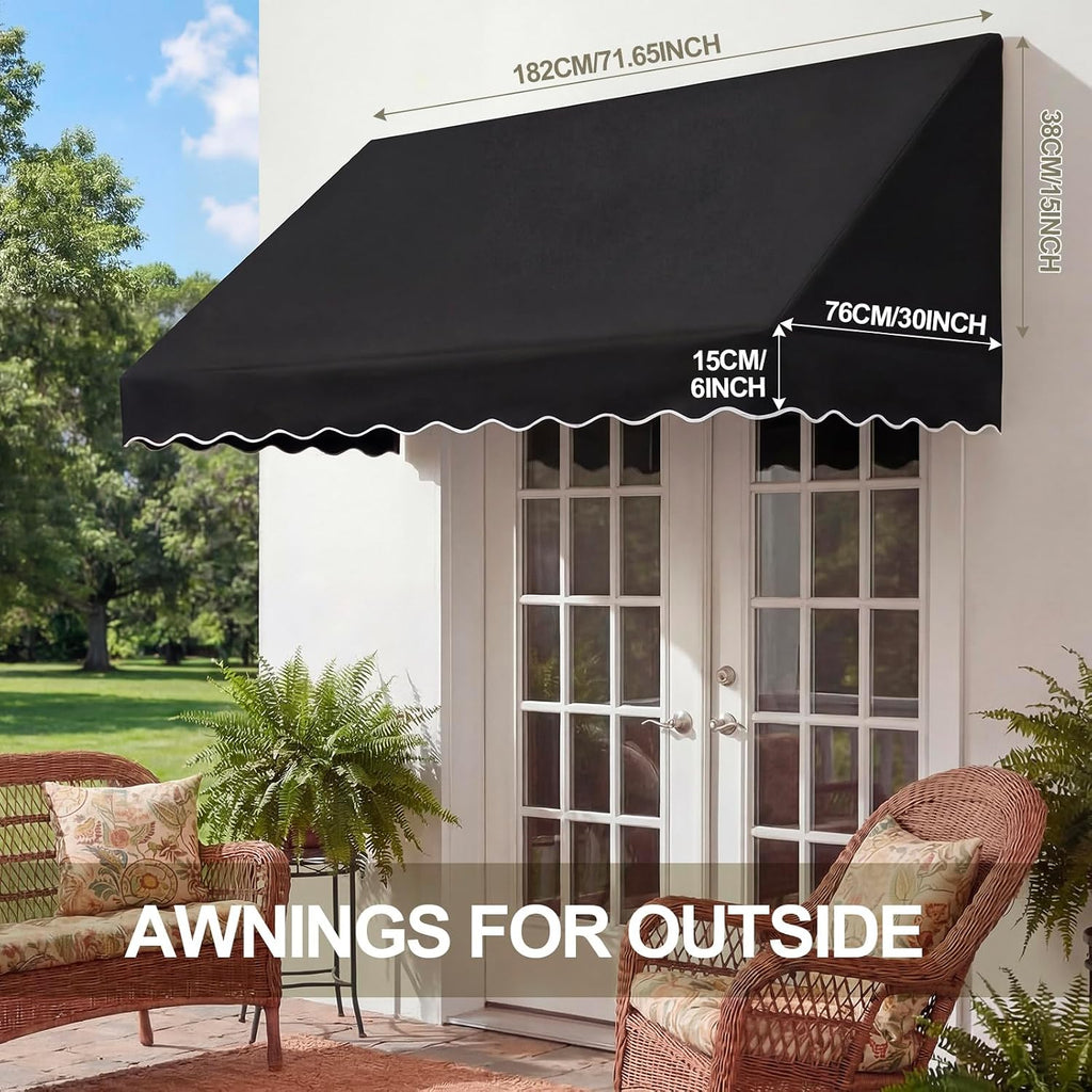 71.65" w x 30" d Outdoor Door Window Awning, Waterproof Black Patio Canopy | Resistant Waterproof Fabric, Powder