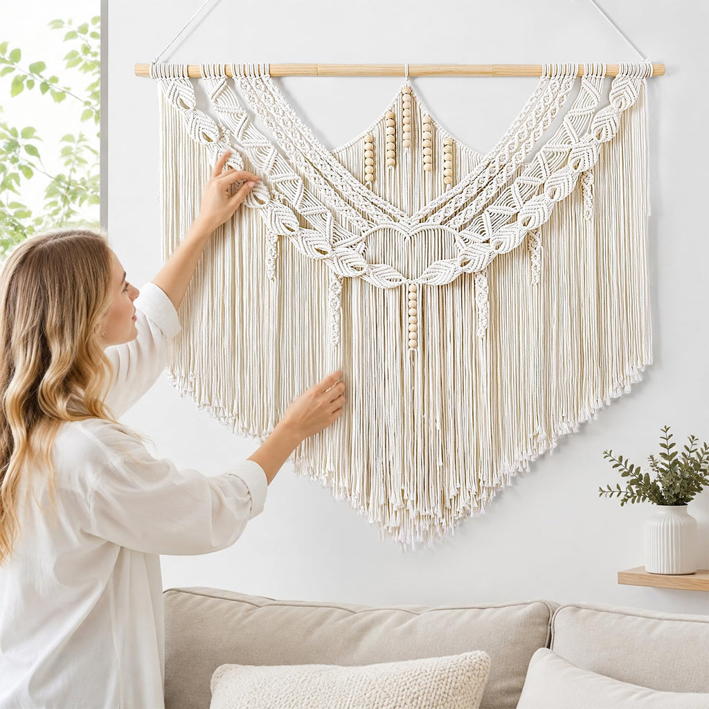Macrame Wall Hanging Large Boho Chic Woven Tapestry Beige Tassels
