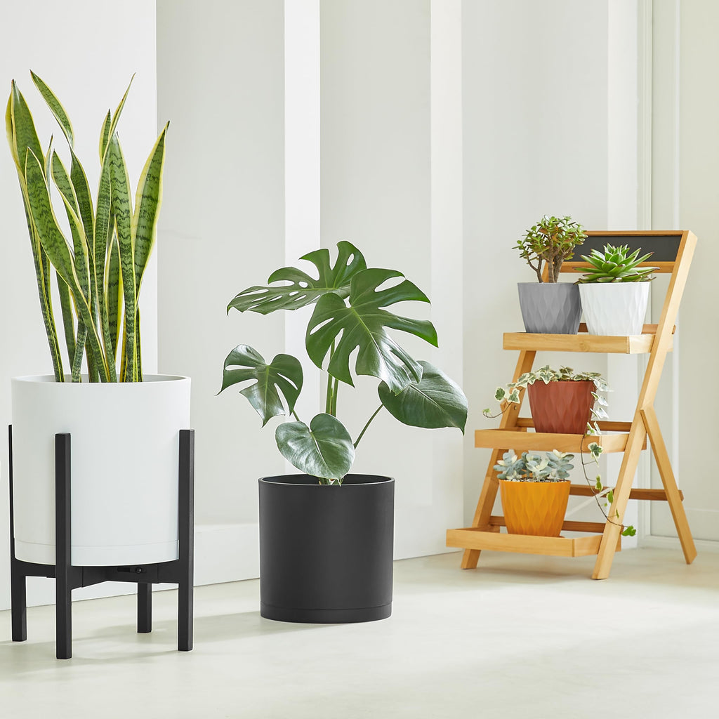 12-Inch Large Modern Cylinder Planter, Thick-Walled Plastic Plant Pot with Drainage Holes and Detachable Saucer