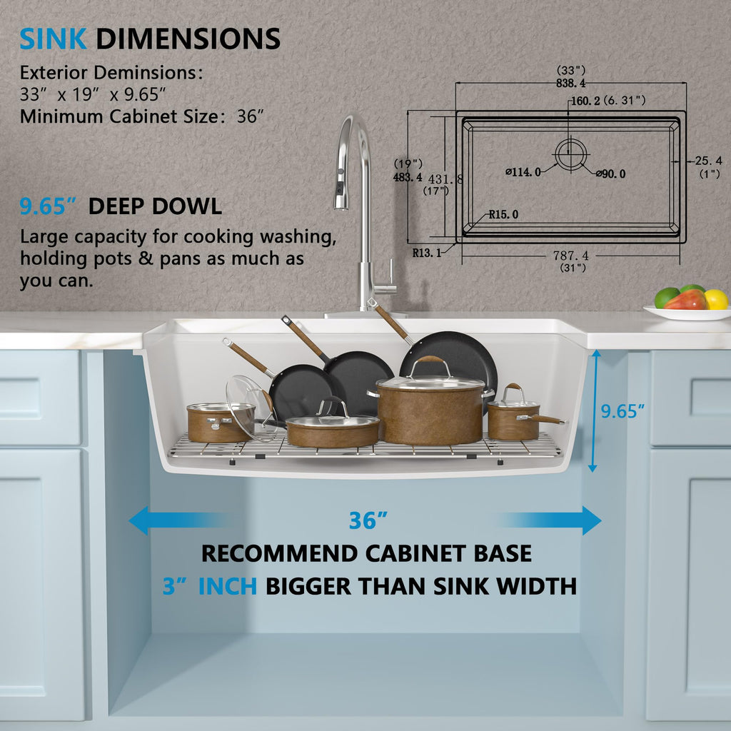 33"x19" White Granite Composite Kitchen Sink Ledge Workstation