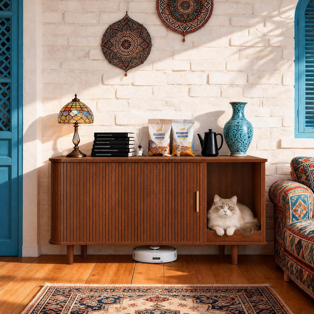 Cat Litter Box Enclosure with Scratch Pad, Sliding Door, 38.5" Cat Litter Furniture Hidden Litter Box Cabinet, Modern