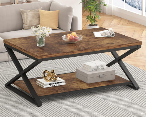 Wood Coffee Table with Storage, Farmhouse Rustic Brown Coffee Table, Modern Minimalist 2 Tier Center Table