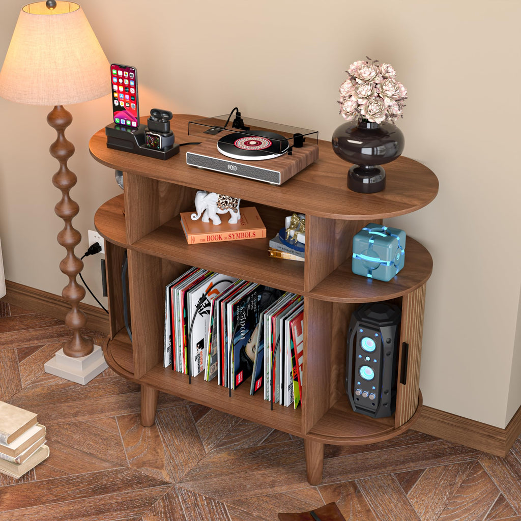 Large Round Record Player Stand with Charging Station & USB Ports