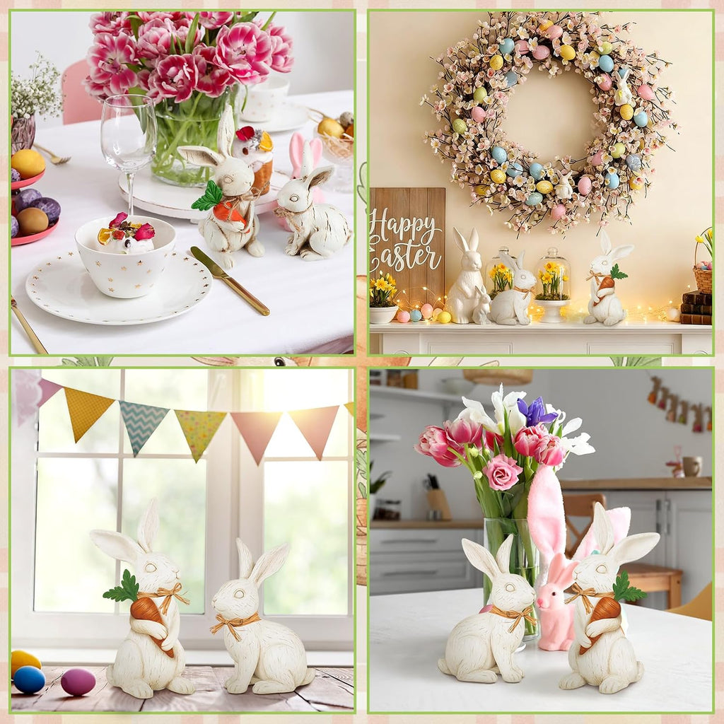 Easter Bunny Figurines Decorations Rabbit Resin Statues Easter Figure Statues Beige Rabbit Figurines - Set of 2