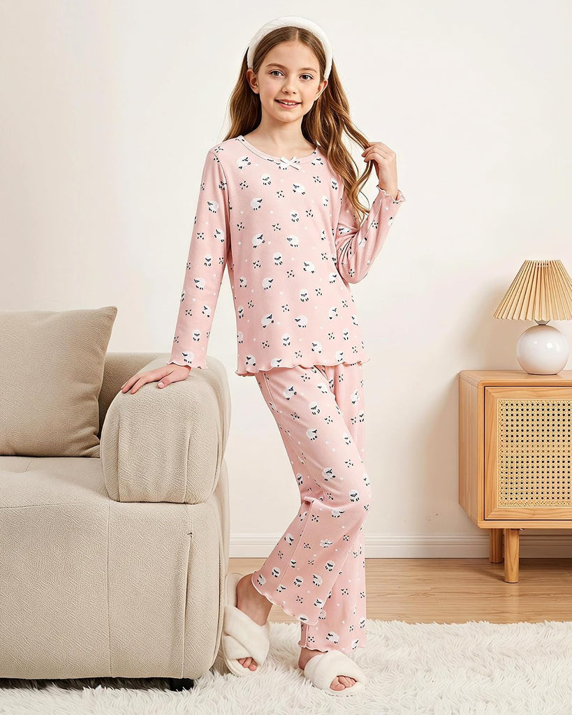Girls Pajama Set 2pc Soft Stretch Ribbed Kids Loungewear Pjs