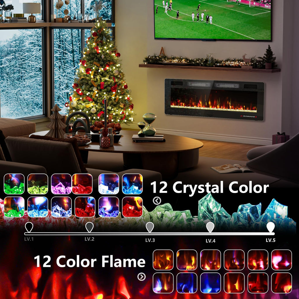 50" Electric Fireplace Recessed Wall Mounted, Ultra Thin Linear Fireplace Inserts, 12 Flame Colors, Timer, Remote &