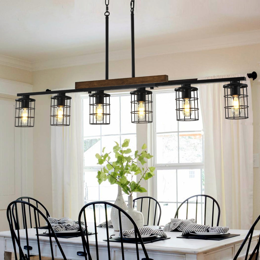6-Light Farmhouse Kitchen Light Fixture, Rustic Wood & Metal Cage