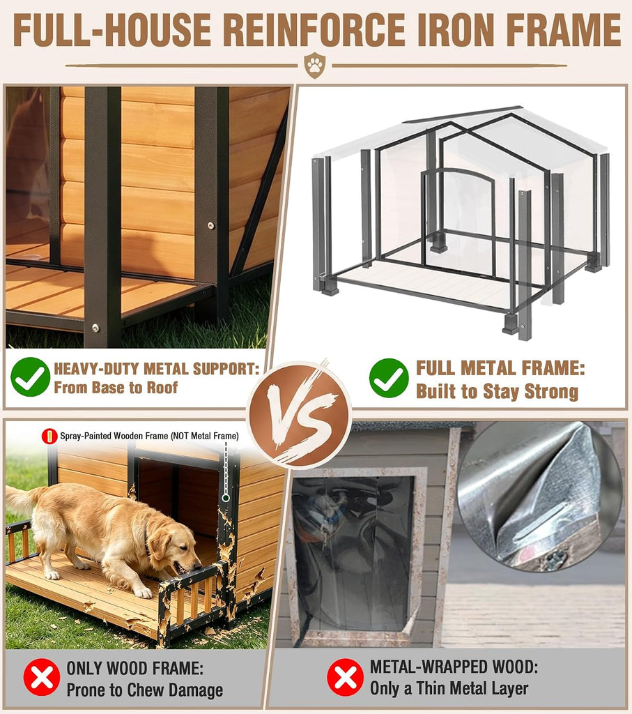Extra Large Dog House Outdoor with Full Iron Frame and Covered Porch