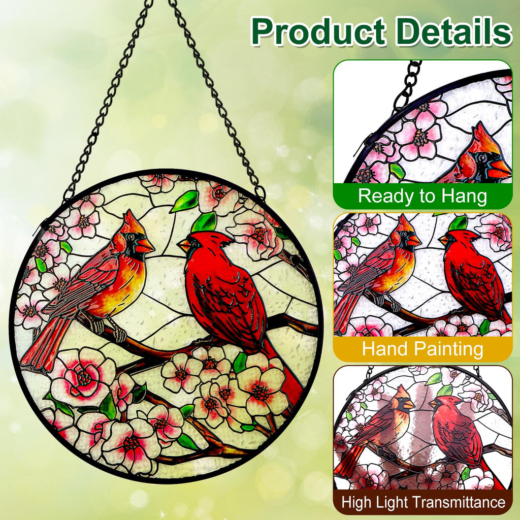 Cardinal Stained Glass Window Hanging, 12 Inch Sun Catcher Glass Panel with Metal Chain and Hooks Suncatcher Indoor
