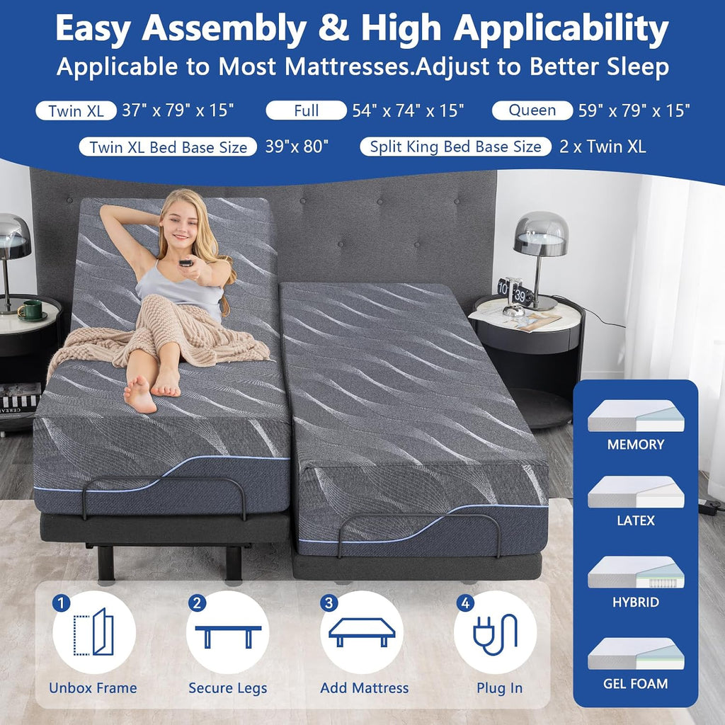 Split King Adjustable Bed Base, 12 Inch Gray Gel Memory Foam Medium-Firm Mattress in Box, Adjustable Bed Frame with 0