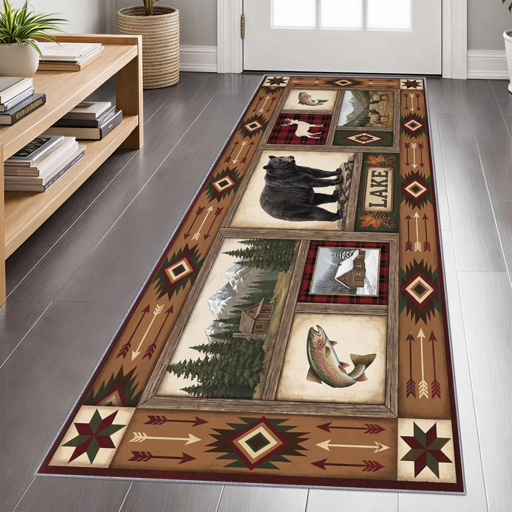 Rustic Aztec Runner Rug 2x7 Wildlife Runner Rug, Lodge Style Farmhouse Country Rugs, Bear and Fish Rugs Non-Slip