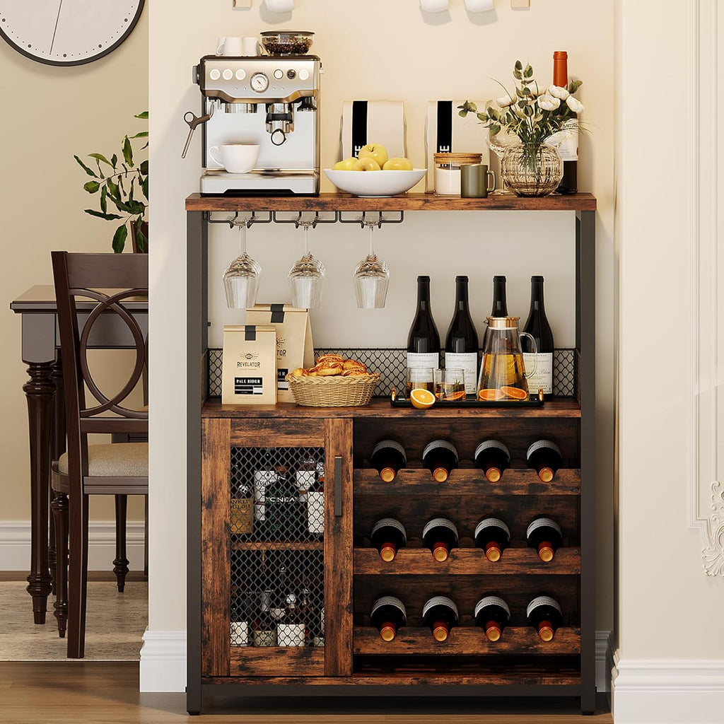 Wine Bar Cabinet with LED Lights, Liquor Cabinet with Storage | 3-Tier Coffee Bar Cabinet with Wine Rack, Glass