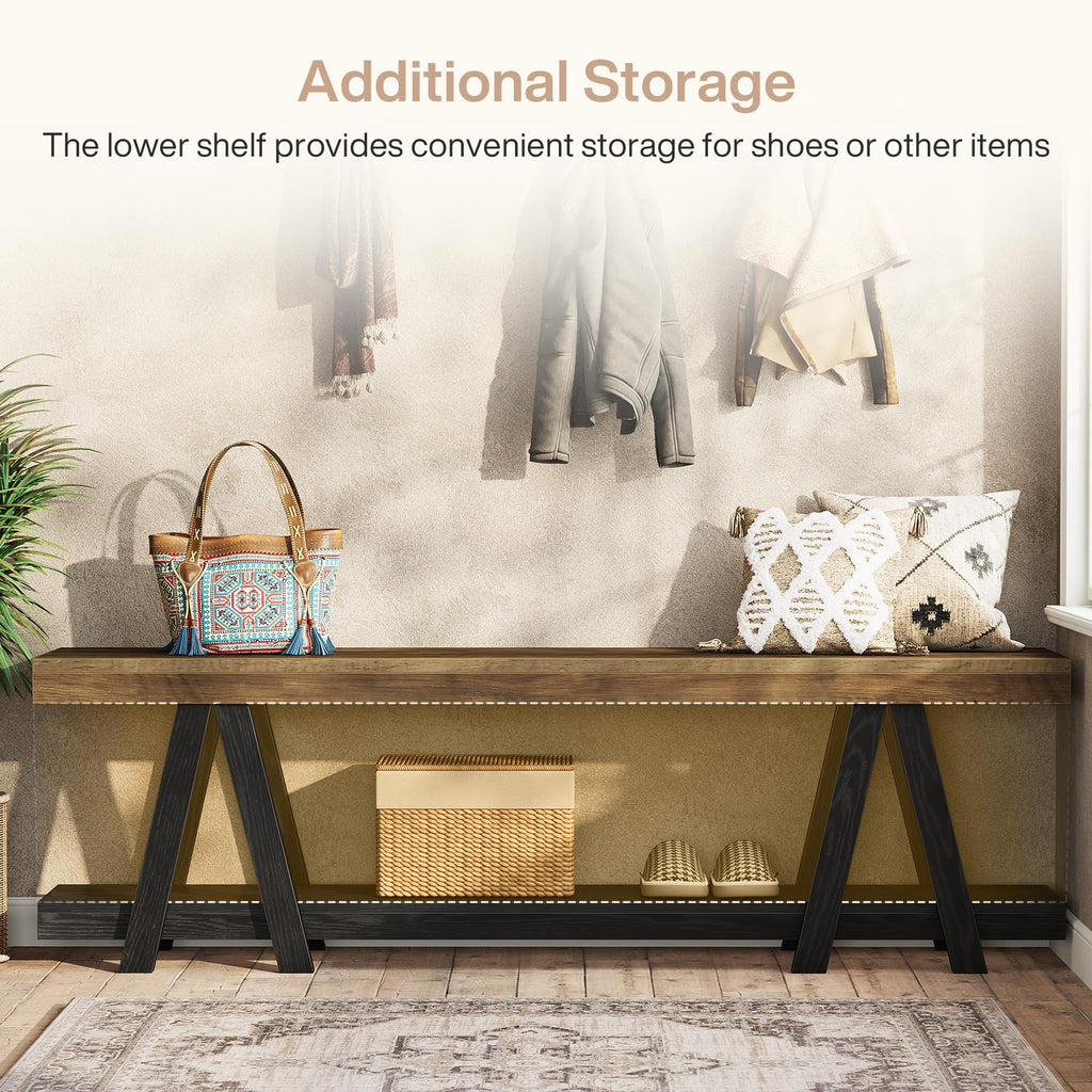 59.06-Inch Entryway Bench with Shoe Storage, Narrow Long 2-Tier End of Bed Bench with Open Shelves, Rustic Brown &