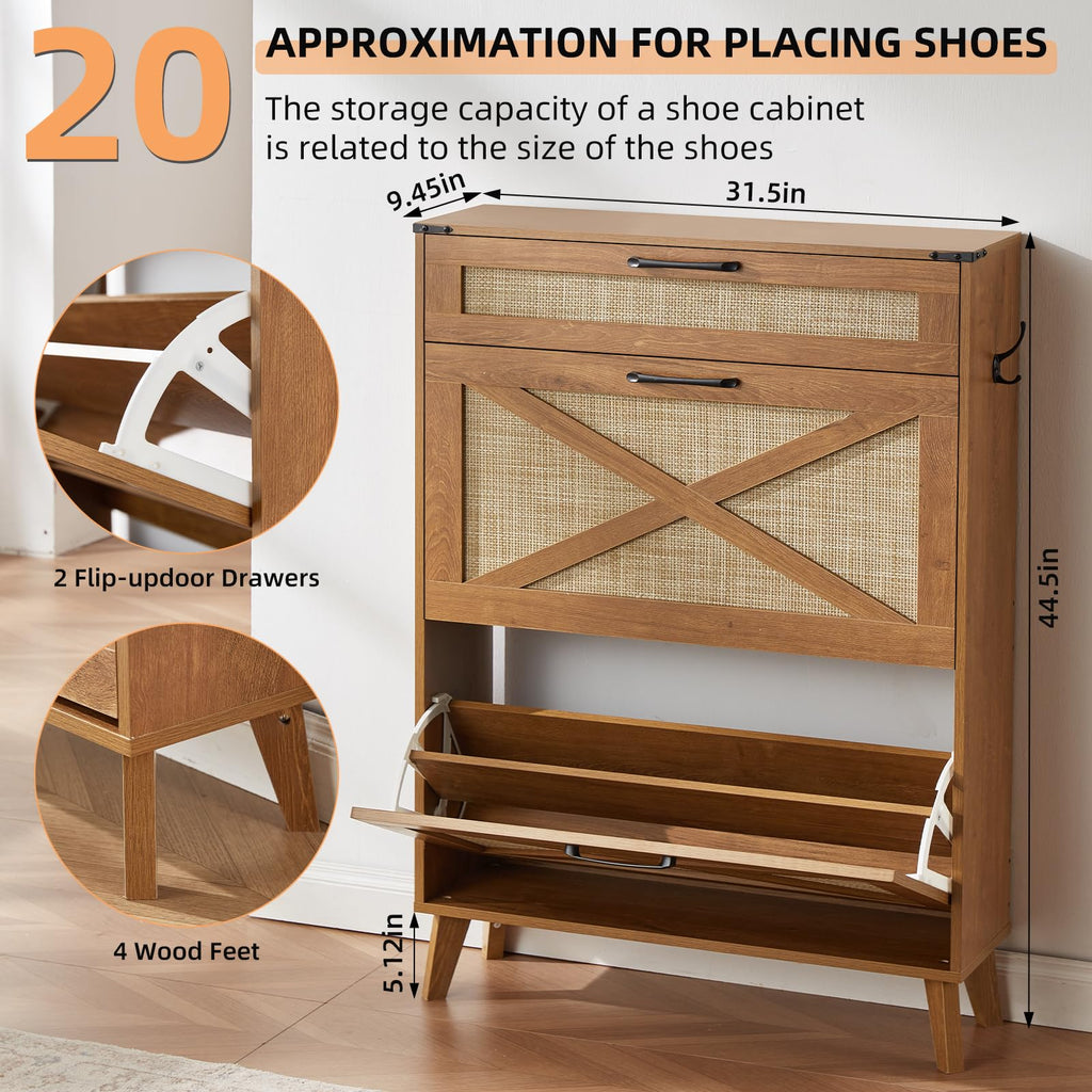 Rattan Shoe Cabinet Storage With 2 Flip Drawers