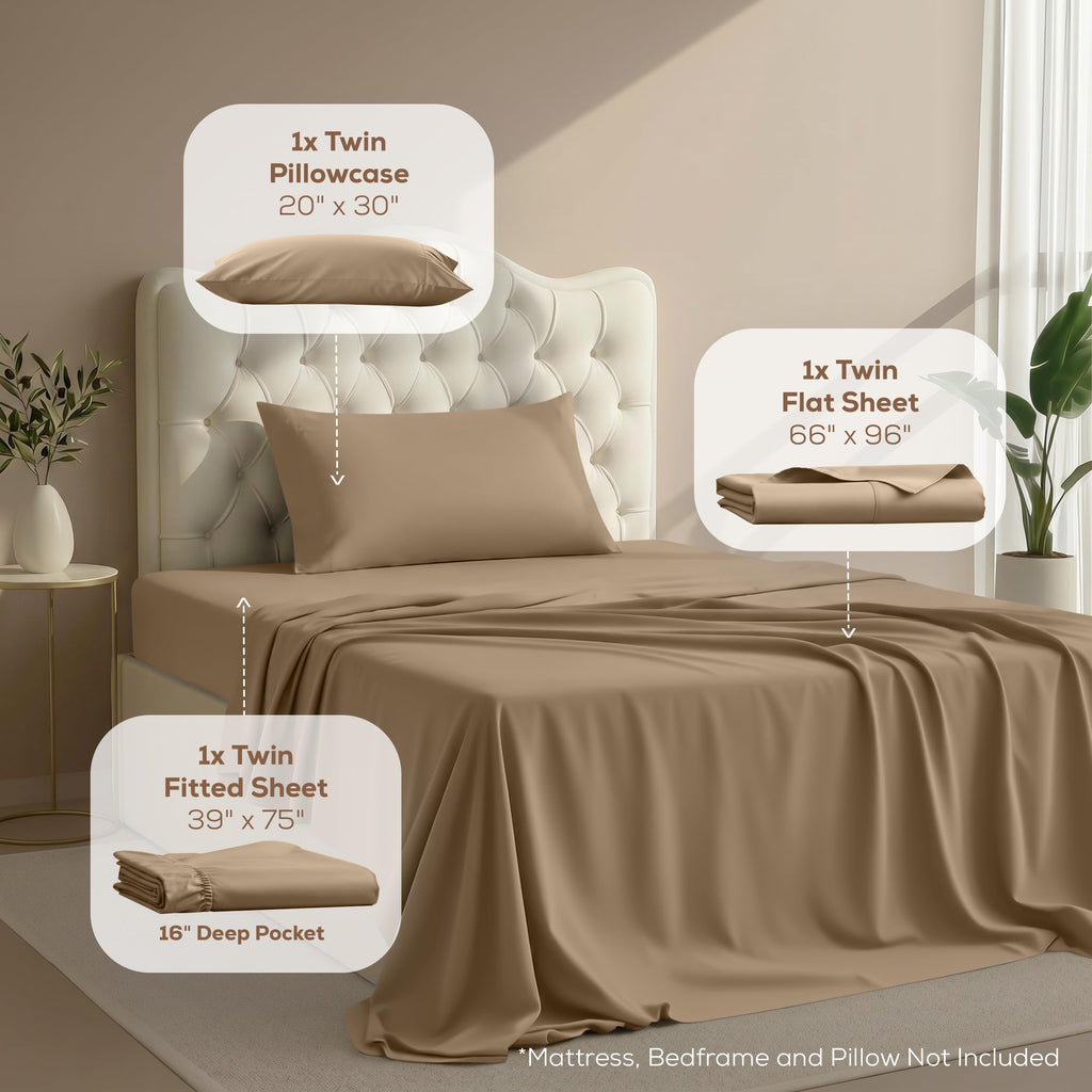 Sheets Set, 3 Pieces 16" Deep Pocket Hotel Luxury Bed Sheets, Sand