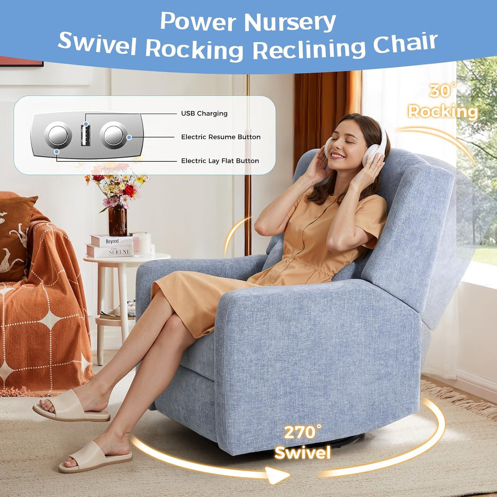 Power Nursery Rocking Chairs with Ottoman: 270° Swivel Rocker Recliner with Waist Pillow & USB Charging Port, Ultra