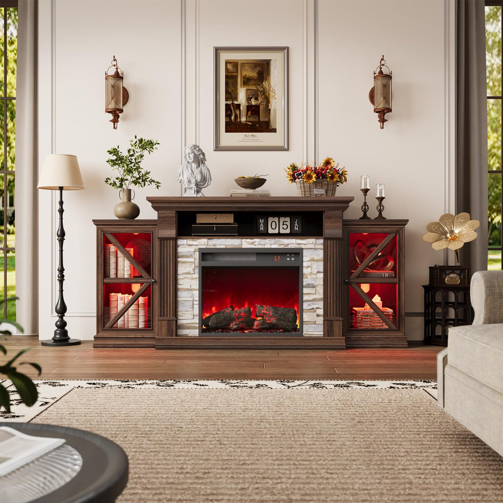Electric Fireplace TV Stand, 70" Farmhouse Entertainment Center with Open Shelf and Glass Barn Door Cabniet, Modern