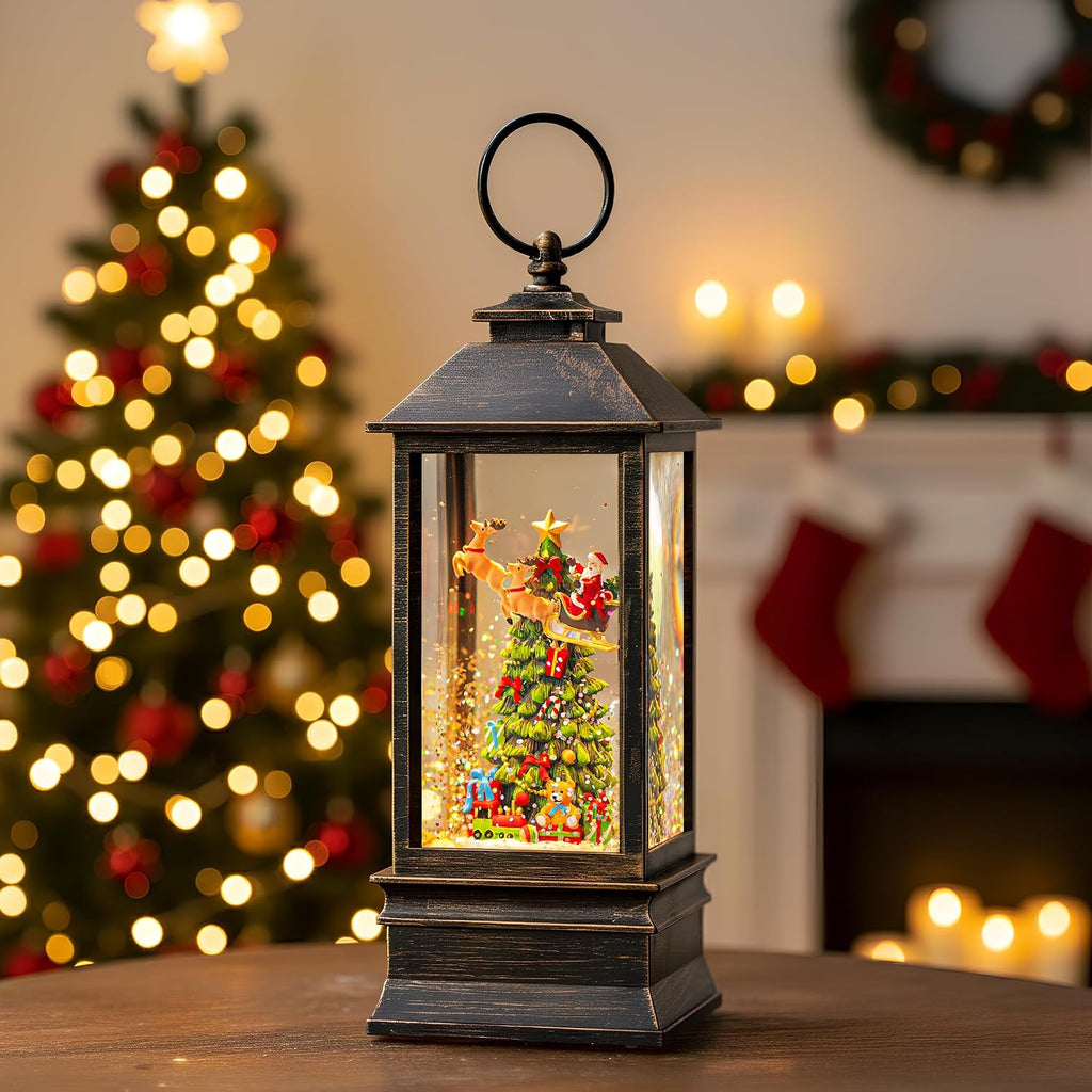 Christmas Snow Globe Lantern with Music & Timer, Vintage Lighted Musical Snow Globe with Swirling Water Glitter