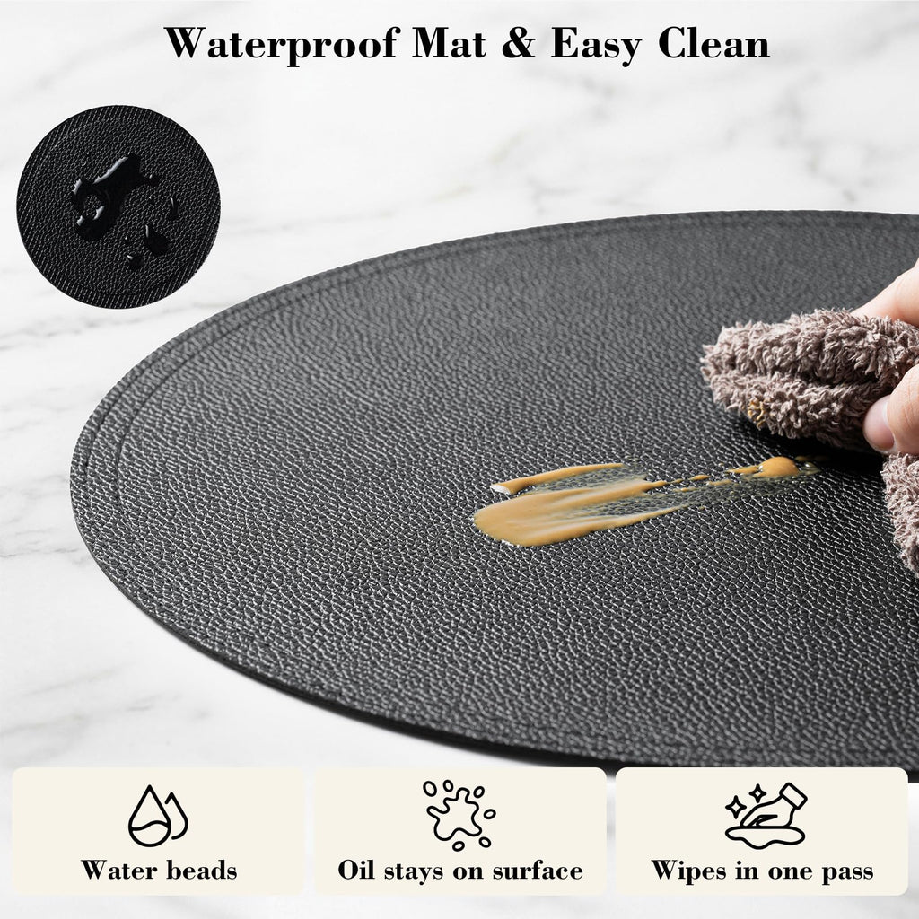 Set of 6 Faux Leather Round Placemats and Coasters, 13''and 3.9'', Black