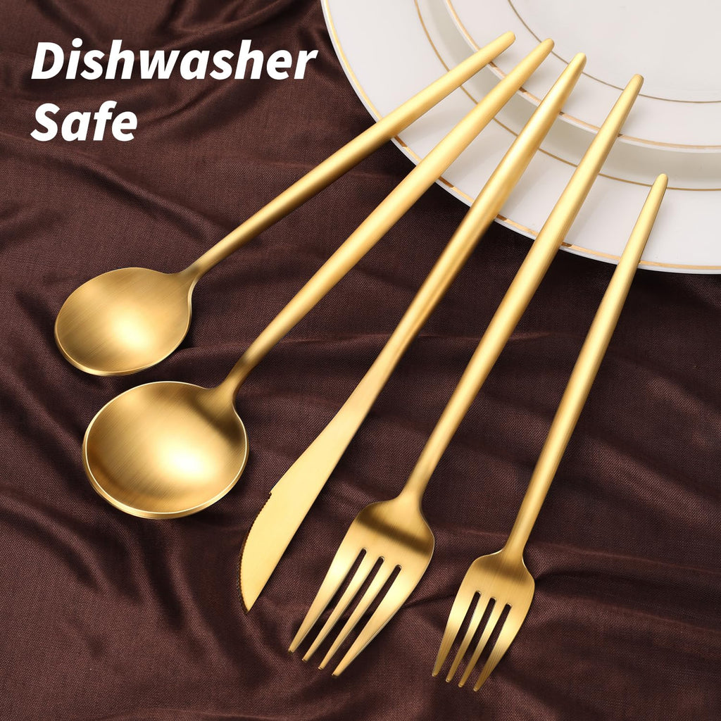 20-Piece Gold Silverware Set for 4, 18/10 Stainless Steel Flatware with Thick Spoons and Forks, Matte Golden Cutlery