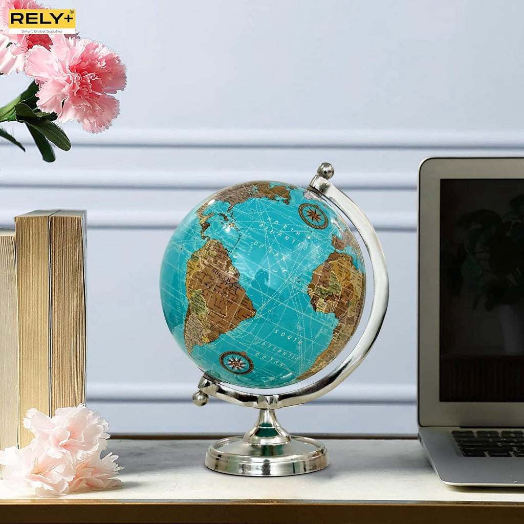 Earth Light Blue Rotating Globe of The World with Silver Stand (NOT PLASTIC!) for Bookcase Shelf Decorative Home Desk