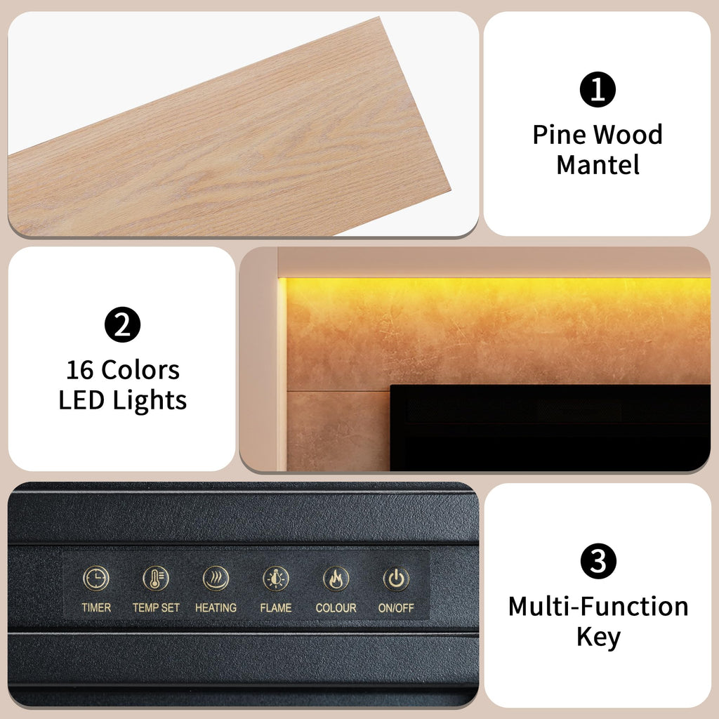 62" Freestanding Electric Fireplace Mantel, Remote & APP Dual Control, 36" Replaceable Heater Insert for Living Bedroom.