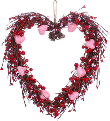 Valentine's Day Wreath,15" Heart Shaped Wreath with Red Berries and Small Pink Hearts for Valentine's Day Wedding