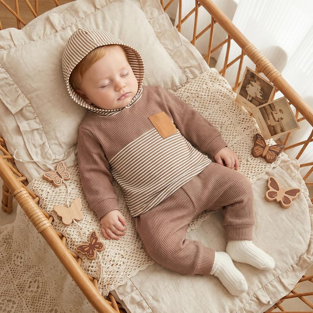 Toddler Baby Boy Fall Outfit Set Contrast Color Stripe Long Sleeve Hoodie Hooded Jogger Pants Infant Waffle Clothes
