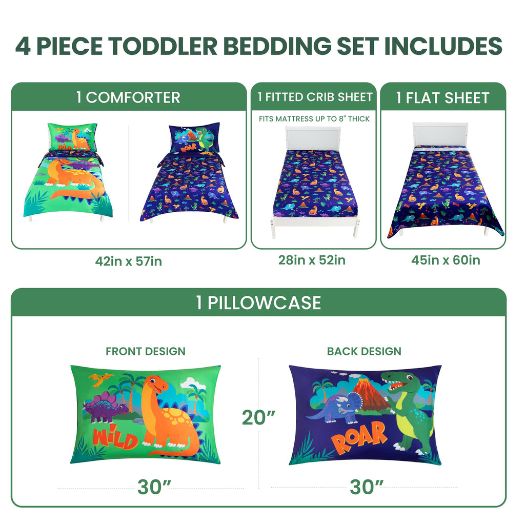 4-Piece Dinosaurs Toddler Bedding Set - Soft & Breathable Brushed Microfiber Toddler Bedding Sets for Boys, Machine