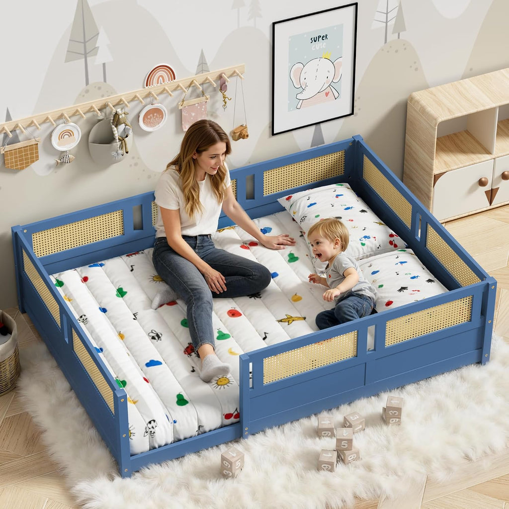Floor Bed with PE Rattan High Fence, Wood Montessori Bed Frame with Slats for Children Girls Boys, Mist Blue