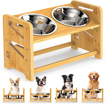 Elevated Dog Bowls, Adjustable Raised Dog Bowl Stand for Medium and Small Dog, 11" High Bamboo Pet Food Feeder with 2