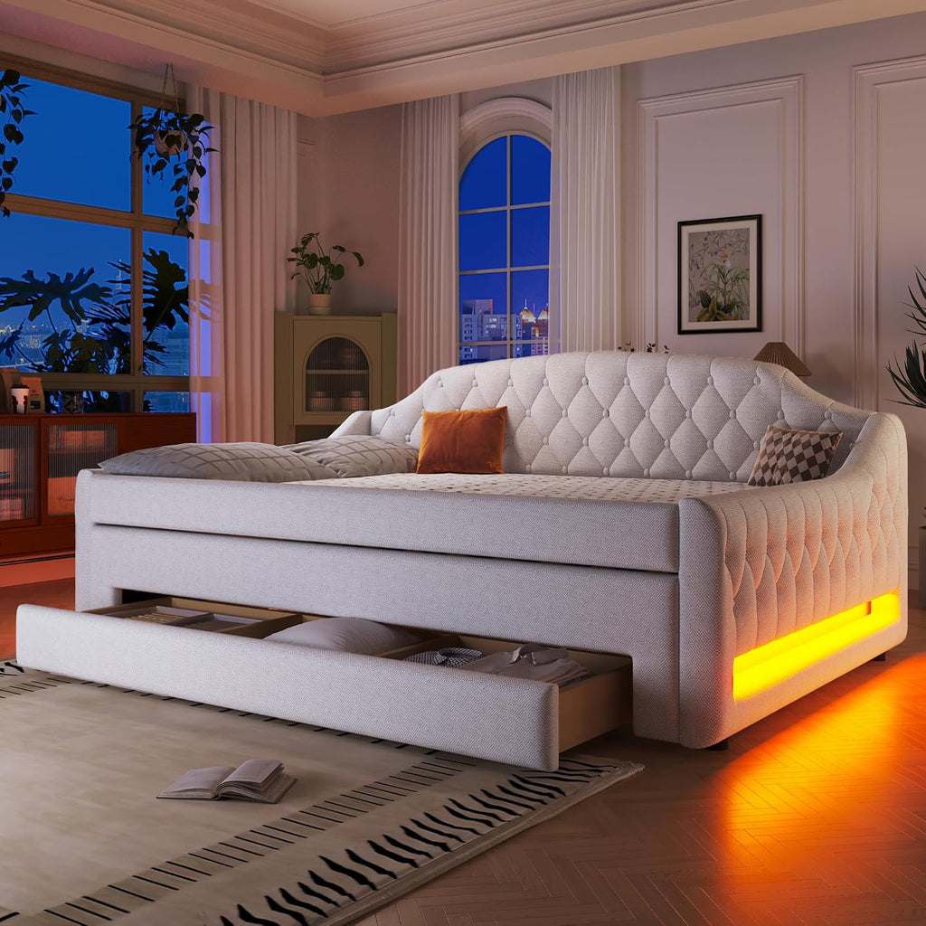 Upholstered Full Size Daybed with LED Lights, Trundle & 3 Drawers, Linen Sofa Bed for Guest Room & Small Spaces