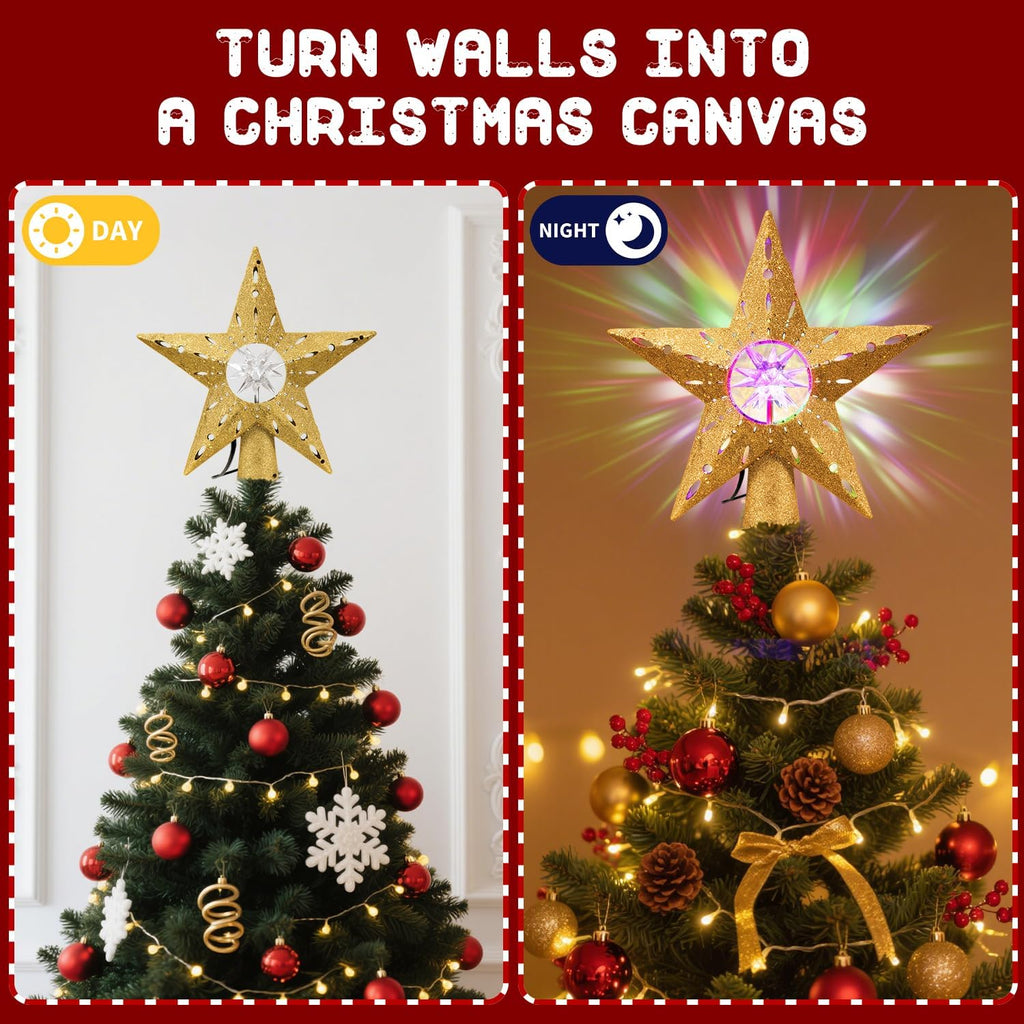 Gold Rotating Christmas Tree Topper Star with RGB LED Lights, 3D Crystal Diamond Center, Spinning Projection, Glitter