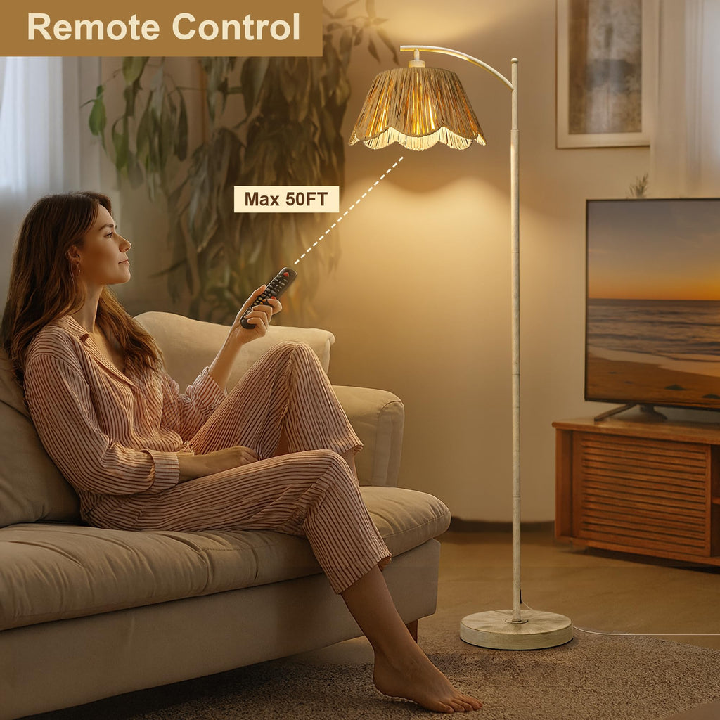 Rattan Floor Lamp with 3 Color Temperatures, Boho Floor Lamp with Remote & Dimmable Bulb, Farmhouse Standing Lamp for