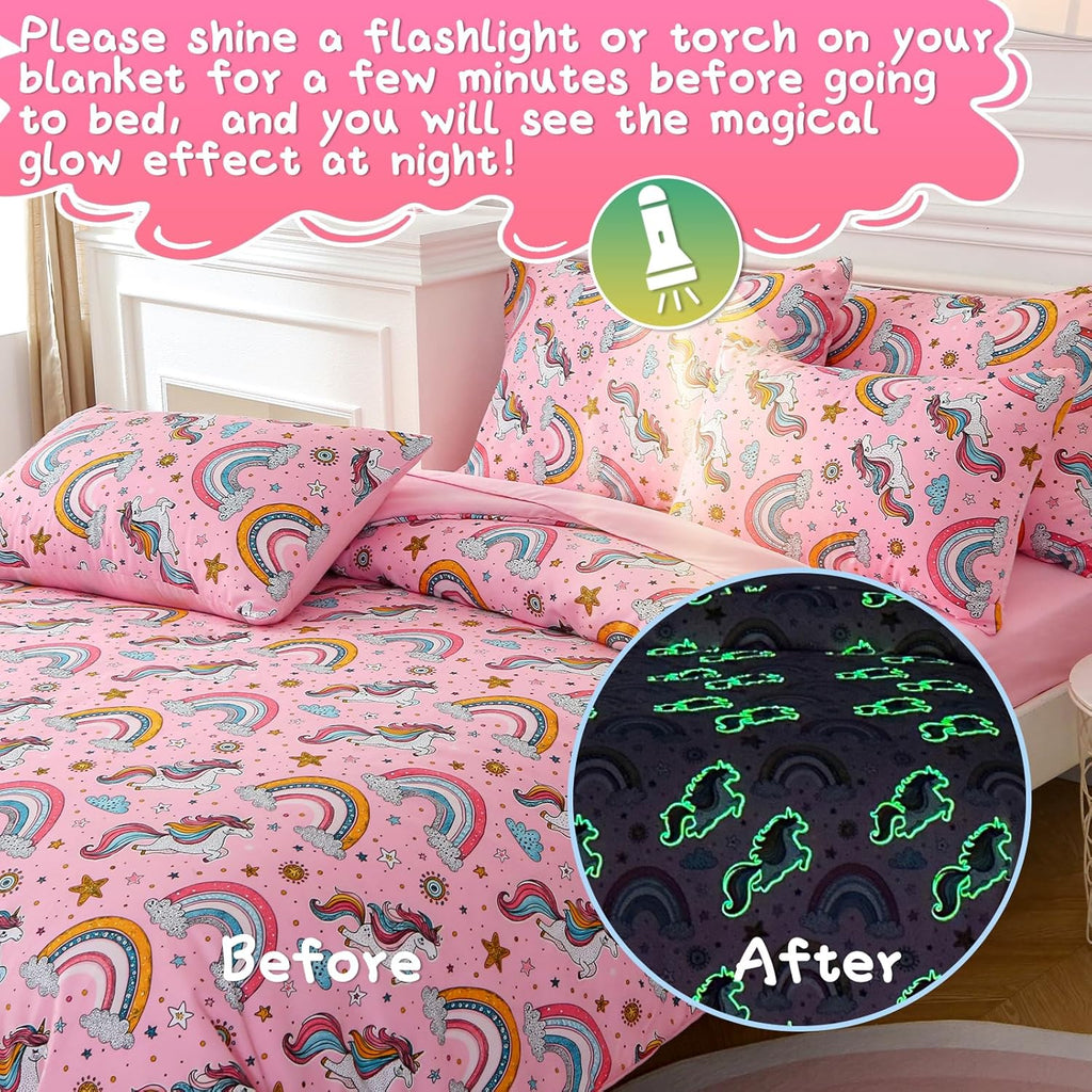 Glow in The Dark Kids Comforter Set, 3 Pieces Pink Unicorn Bedding Set Twin for Boys Girls Teen, 1 Comforter, 1