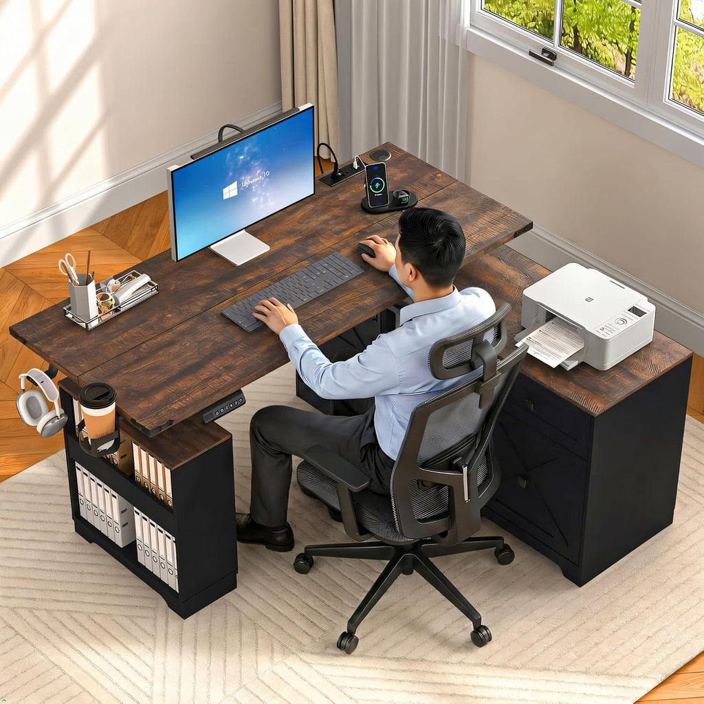 L Shaped Electric Standing Desk 55" Black with Power & Storage | File drawer, sliding door cabinet, cup holder