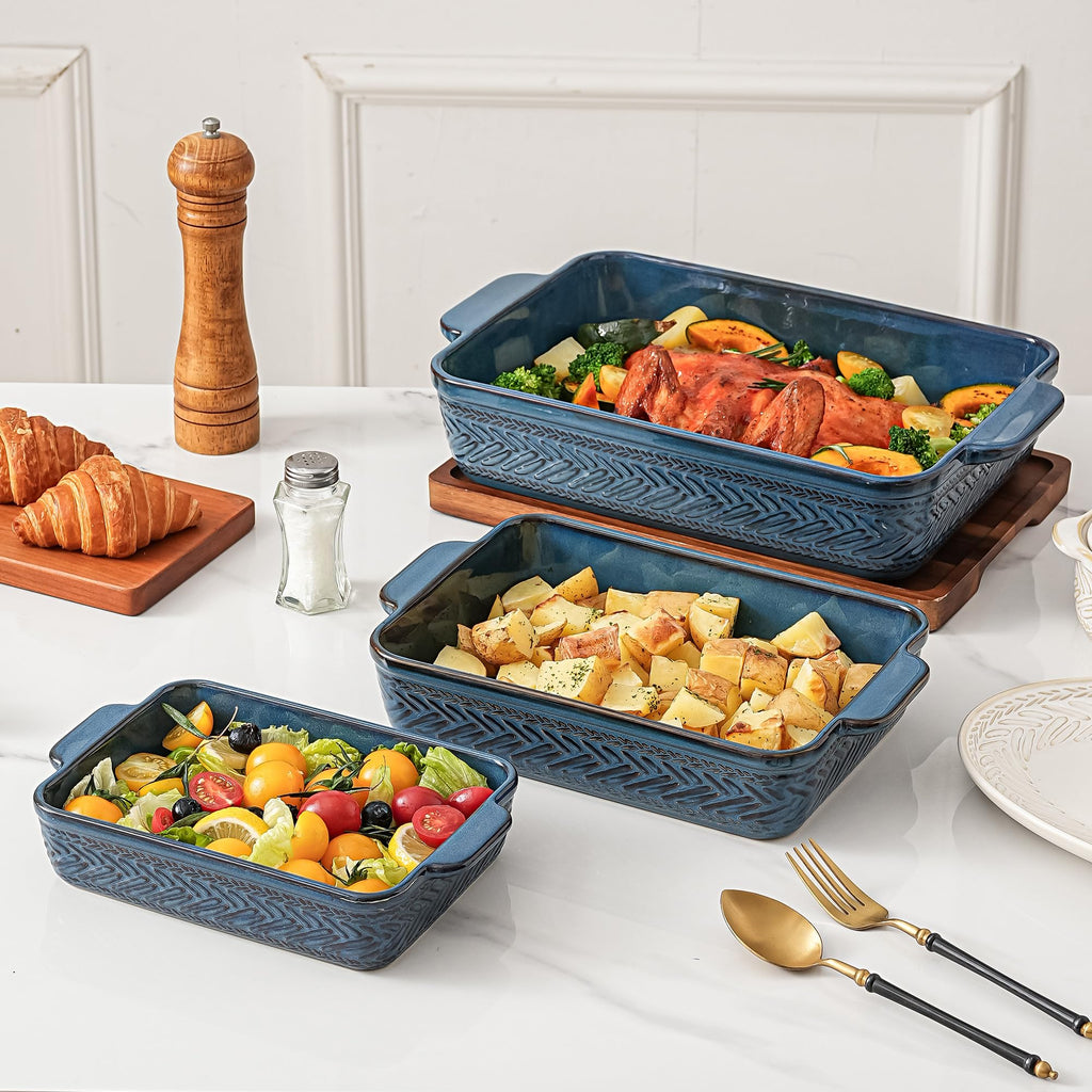 Casserole Dishes for Oven, Blue Ceramic Baking Dish Set of 3