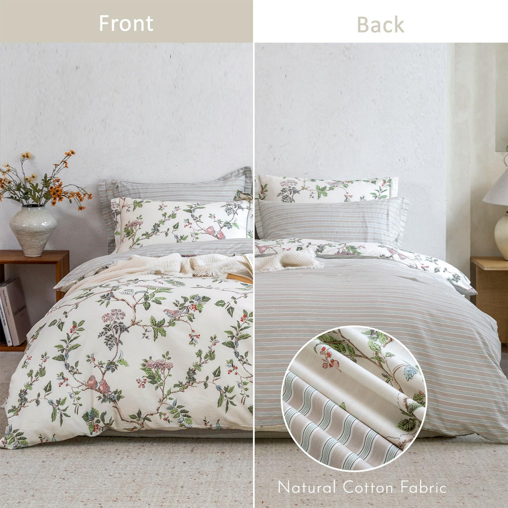 Farmhouse Cotton Comforter Set 3PC - Soft Cream Base Songbird Grove Botanical Prints, Earthy Stripe