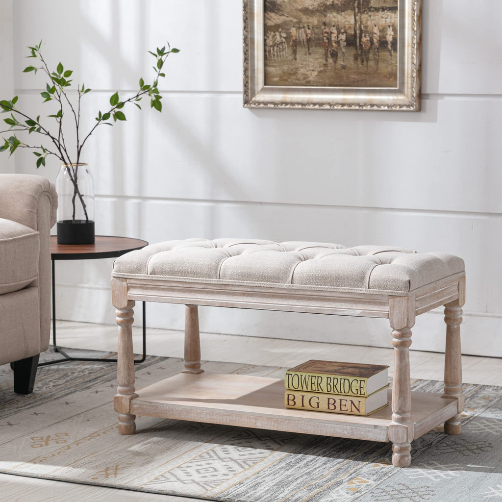 Storage Bench 31.5" W Button Tufted Small Entryway Bench with Wooden Shoes Rack End of Bed Bench with Fabric Linen