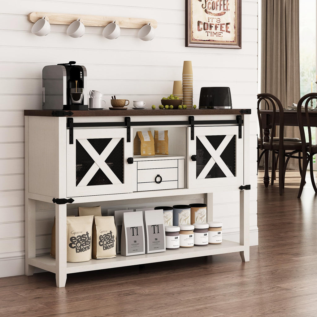 Farmhouse Entryway Table with 2 Sliding Barn Doors & Drawer, 46'' Rustic Console Table with Storage, Open Shelf