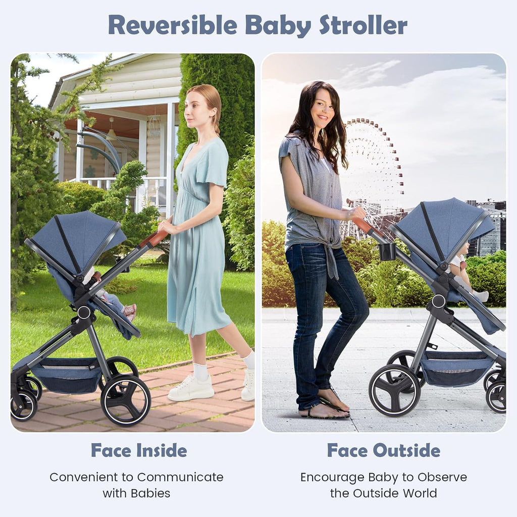 2 in 1 Baby Stroller, Foldable High Landscape Shock Absorption with Reversible Seat, Newborn Convertible Stroller