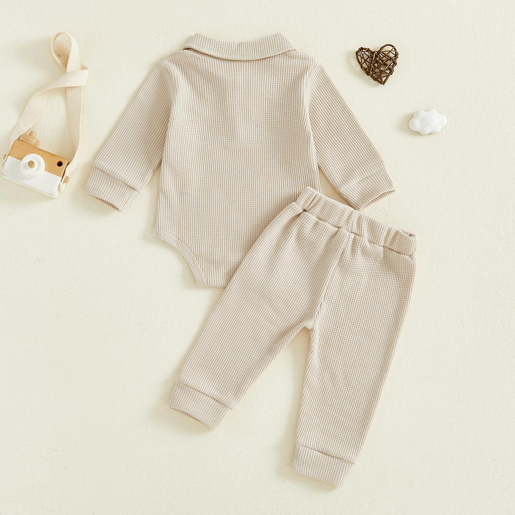 Newborn Baby Boy Clothes Solid Waffle Knit Long Sleeve Button Up Collared Romper Long Pants Set Fall Winter Outfits