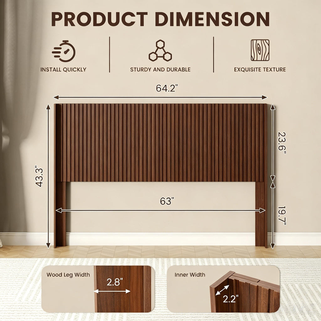 Queen Size Fluted Headboard Only, 64" Walnut Wall Mount