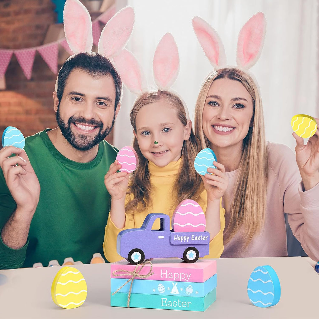 Easter Table Decorations Wooden Truck Easter Eggs Blocks Spring Wood Book Stacks Centerpieces Signs Indoor - Set of 5
