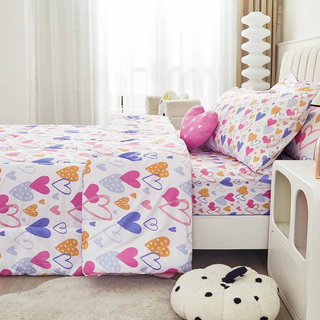 Full Comforter Sets for Girls Kids, 8 Pieces Bed in a Bag Pink Heart Bedding Comforter Sheet Set with Shams and