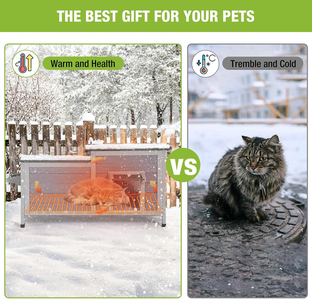 Heated Cat House Outdoor Feral Kitty Shelter with Insulated & Heated Liner Weatherproof Roof Cat Home