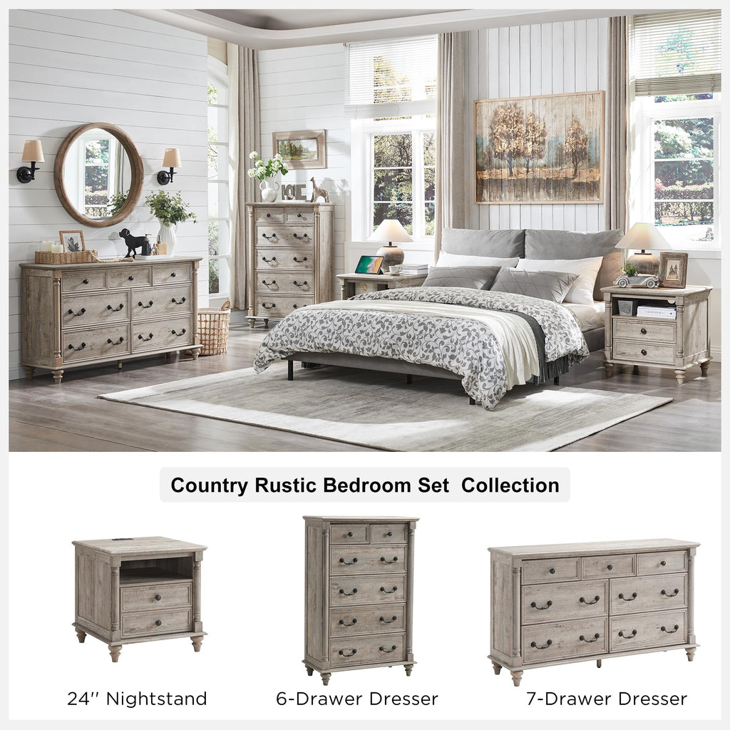 Farmhouse 6-Drawer Dresser with Solid Wood Feet, Light Rustic Oak