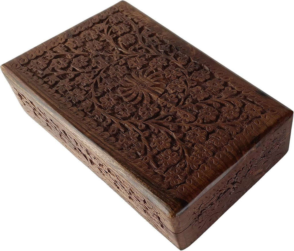 Handmade Wooden Jewelry Box, Hand Carved Jewelry Organizer with Floral Design, Rustic Storage Memory Box for Rings